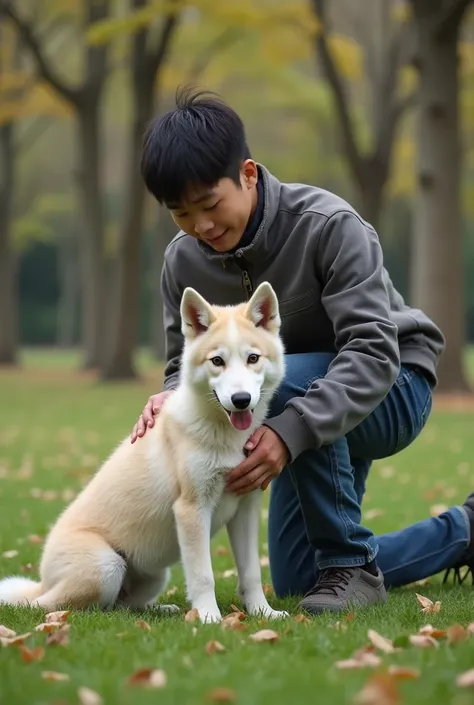 22-year-old Korean man playing in the park with a Siberian wolf cub 