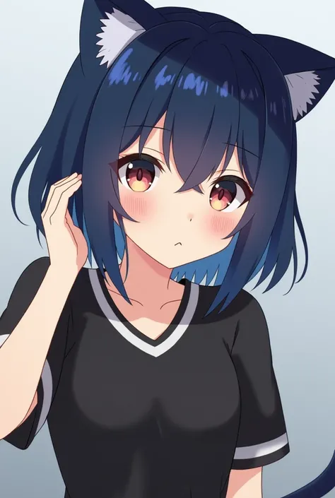 dark blue hair、Cat ear、bangs、short hair、Black jersey