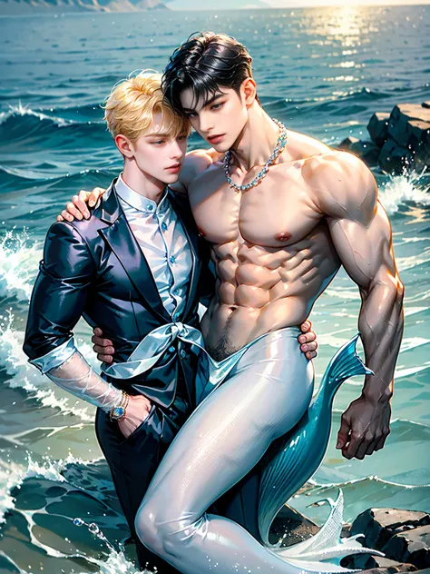 Two gay boys, first A handsome 20 years old man, little merman, sexy merman, blue tail, short blond hair, came from the ocean kingdom, very handsome, big eyes, masculine look, muscular, model , washed ashore, sexy and toned body, perfectly shaved, full bod...