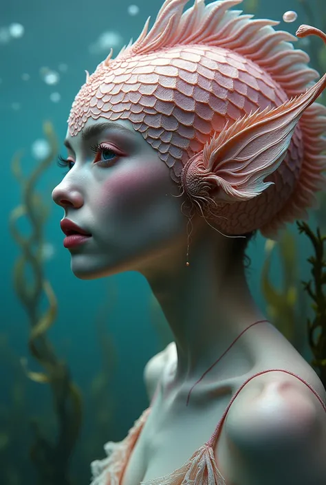 Create a fish woman with a human face, and human body, Lips, eyes, nose, human ear, scaly skin , gills and pink in color .