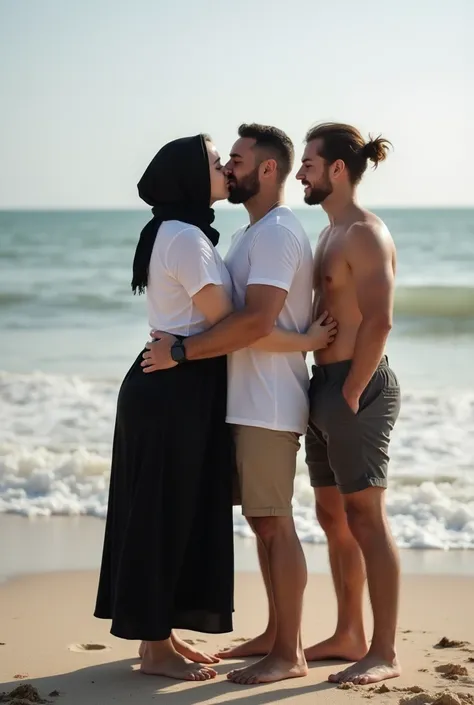 black headscarf, black skirt, white t-shirt, 2 barefoot women, They are kissing with 2 men on the beach. 