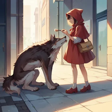 Masterpiece, top quality, highly detailed, highly detailed, ultra realistic, brush stroke anime style illustration. Cinematic lighting, Takeshita Street, Harajuku, Wolf and Little Red Riding Hood eating crepes together.