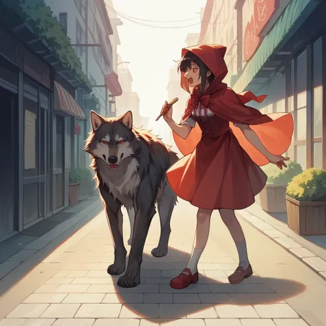 Masterpiece, top quality, highly detailed, highly detailed, ultra realistic, brush stroke anime style illustration. Cinematic lighting, Takeshita Street, Harajuku, Wolf and Little Red Riding Hood eating crepes together.