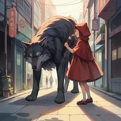 Masterpiece, top quality, highly detailed, highly detailed, ultra realistic, brush stroke anime style illustration. Cinematic lighting, Takeshita Street, Harajuku, Wolf and Little Red Riding Hood eating crepes together.