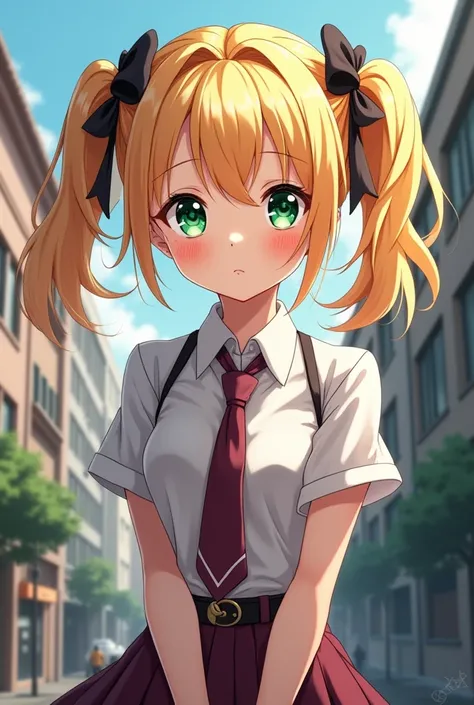 Blonde with drill-shaped pigtails with black bows, emerald green eyes, slim, low weight, small bust, Tsundere, otaku y gamer