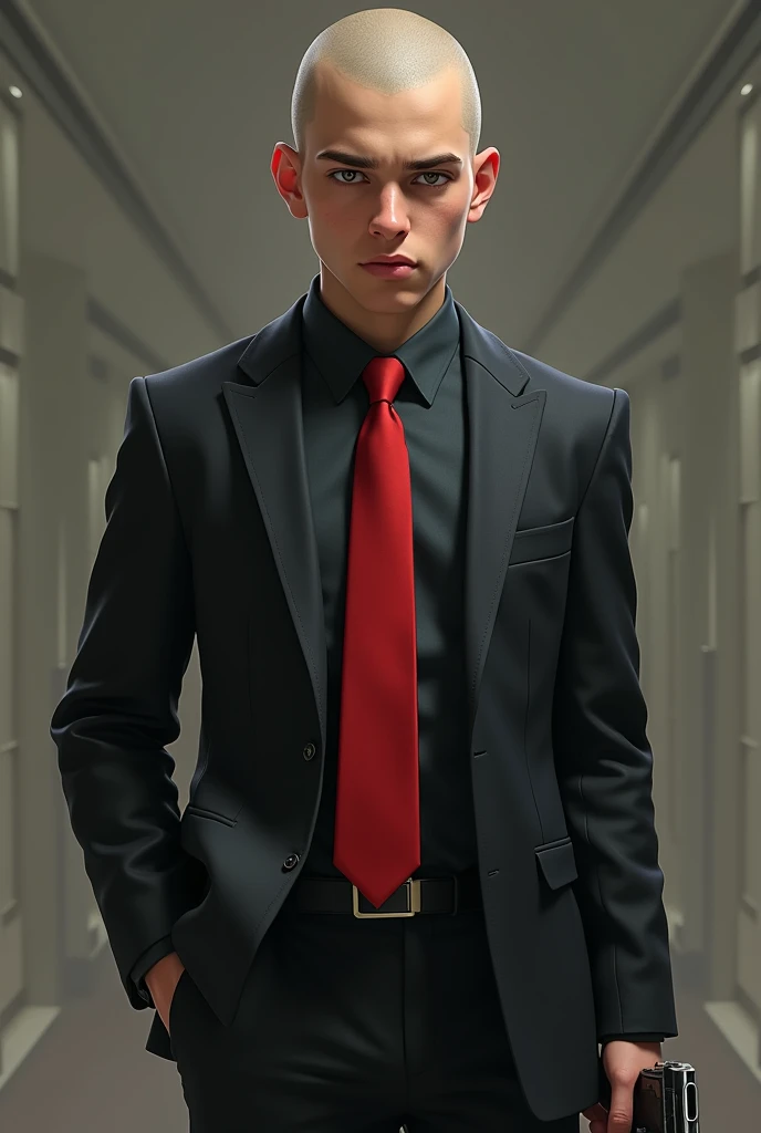 Create a image of a boy 20 years age look like agent 47 give him a red tie and a good smile with hair  represent with areal time person hold ing gunin hand standing in triangular way 