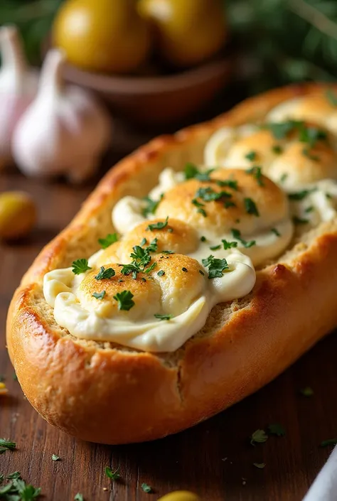 freshly baked garlic bread, with lots of garlic cream filling, in a dish, on a table, around cheese, olives, with lighting highlighting the garlic bread, HD, image for advertising