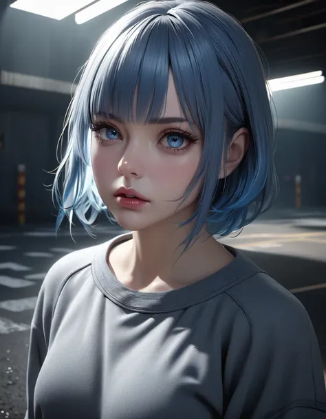 (1 woman with blue hair,With bangs ,arrogant expression,Intimidating ,detailed face,beautiful detailed eyes,beautiful detailed lips,extremely detailed eyes and face,long eyelashes,realistic,photorealistic,photo-realistic:1.37,best quality,4k,8k,highres,mas...