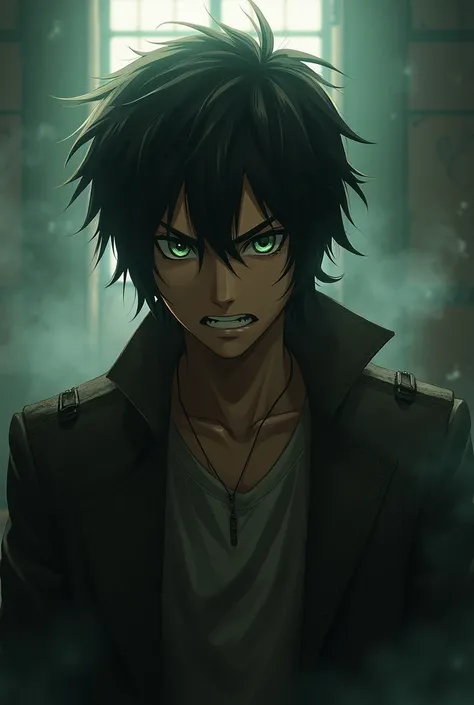 Eren Yeager with green eyes and angry face in dark room with little smoke