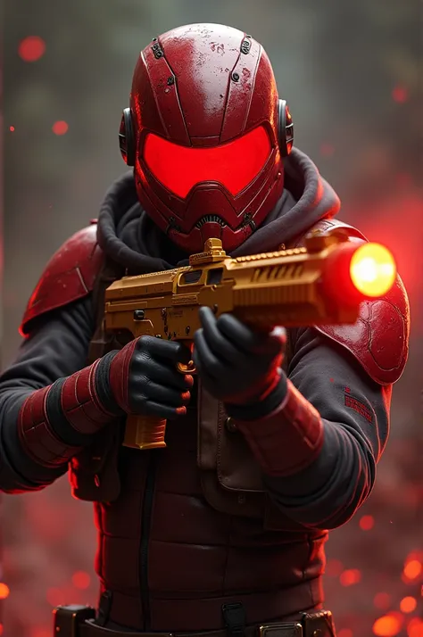 Ethan, Blood Strike, Red Striker Helmet Glowing Led Light, Golden firearm posing, fighting to the death