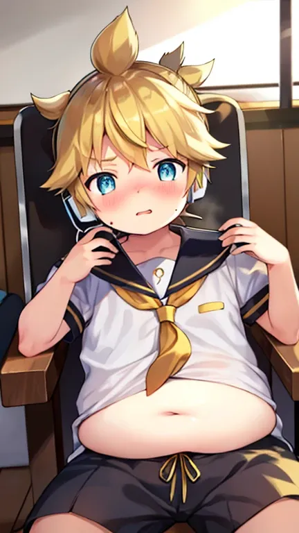 10 year old boy, cute kagamine len, (chubby), (plump), severely overweight, ((over small sailor uniform)), short sleeves, chubby...