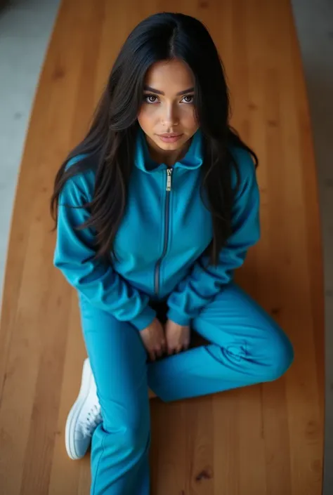 a woman sitting on top of a wooden table, blue outfit, wearing a tracksuit, with long black hair, qiyana, amber, vshojo, teal aesthetic, portrait of demi rose, top down shot, 2021, cherry, imane anys, straight, angel, cgcosiety, lookbook, hq