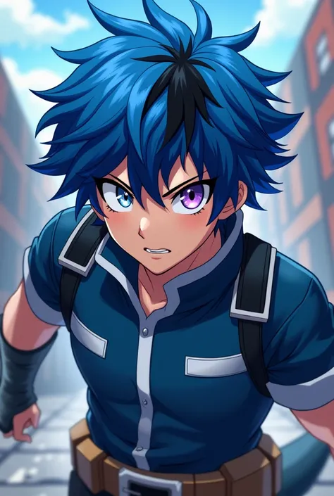 Blue haired boy half dragon,with a black streak in her hair,one eye white and the other dark purple,high with BNHA style and Deku uniform
