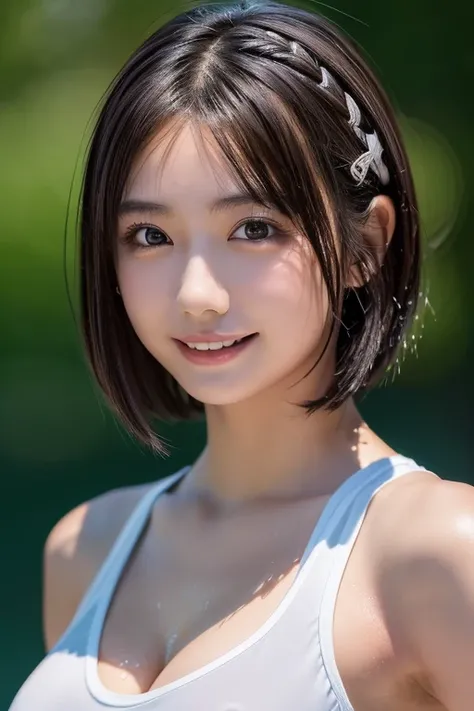 ((masterpiece, Highest quality, High resolution)), 1 Japanese girl, (Realistic: 1.4), Great face, smile、Wet Face、Wet Skin、15 years old,Wet lips、 Glossy lips、Silver Hair、short hair, Silver Hair、(Beautiful Hair:1.5),White tank top、See through、Large Breasts、C...