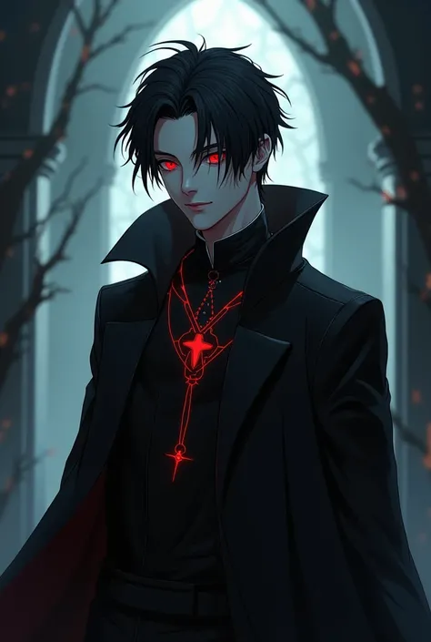 Yves the priest of darkness very handsome 20 years old anime red eyes and a little sadistic 