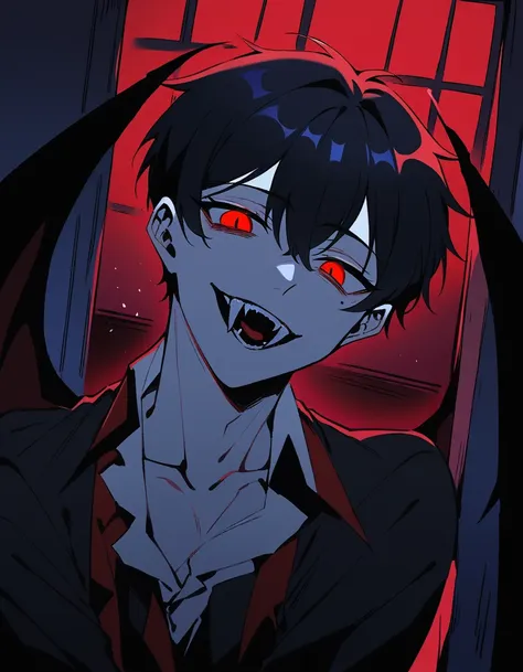 boy, vampyre, light gray skin, fluorescent red eyes, sharp fangs, malicious smile, look bad, mole below the right eye, big strip...