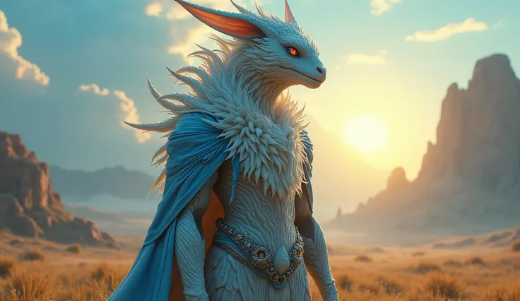 Argentina as a southamerican League of Legend creature iin light blue and white with a golden sun. Intricated clothing. Cinematic Fantasy sci-fi landscape background