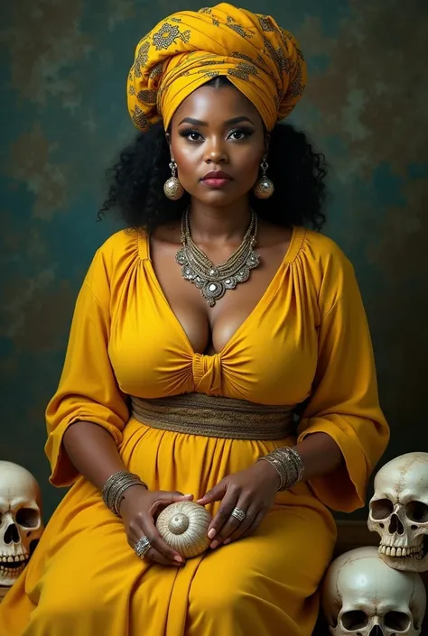 Lady between 30 and 35 years old, White skin, chubby in a yellow dress, with Cuban descent, and yellow turban, with rings and snail shells in hand, and with skulls at the feet. 