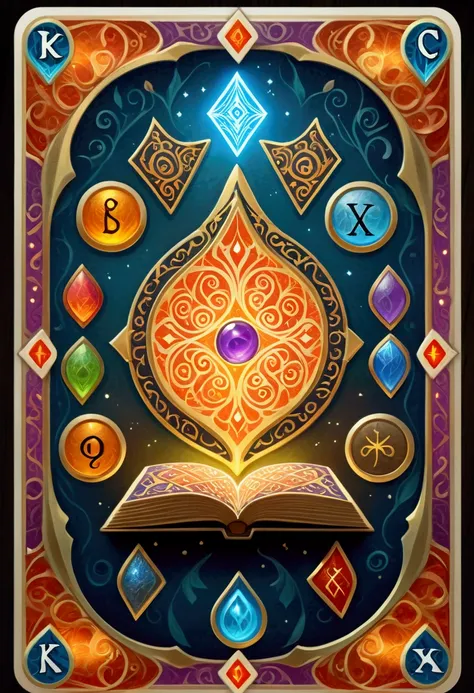 MTG, CCG, TCG, Card Game design, Dixit Card Generator page, a detailed fantasy card game, One playing card, playing card with intricate patterns and designs, detailed magical runes and symbols on card, fantasy kingdom, colorful glowing, dramatic lighting, ...