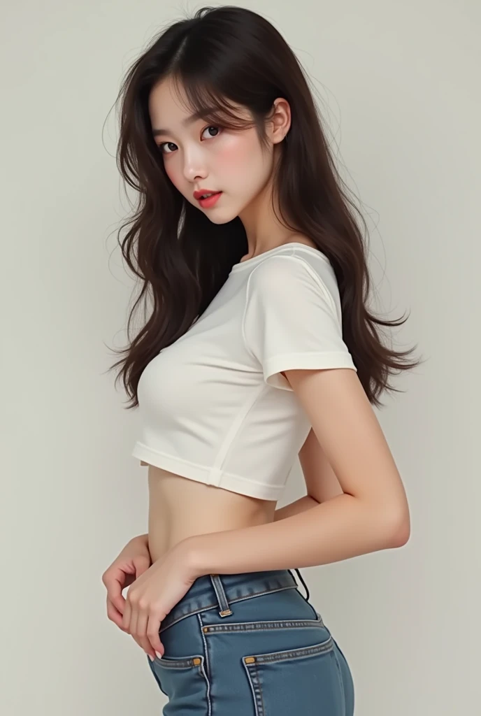 Korean girl wearing a t shirt and jeans cover half of the belly button and cleavage 