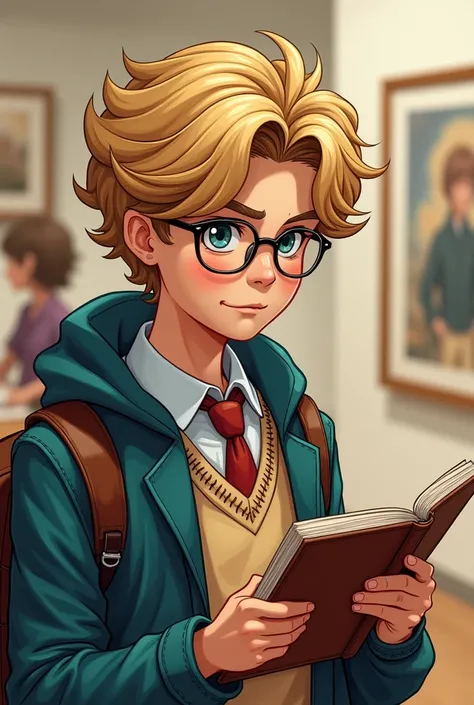 A 16 year old boy in a museum, wearing a school uniform, with glasses and wavy blond hair, skin fair, fans in comic book drawing
