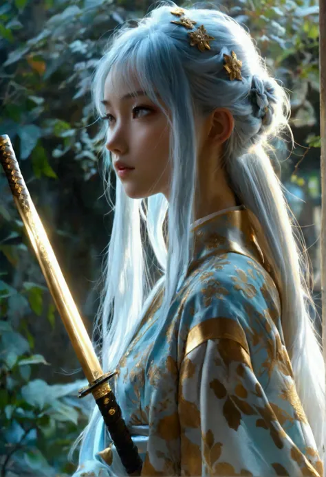 is a slender and graceful female anime character full body looking high at the sky, wields some katana sword, camera is set at the ground, ant view, exhausted, wide-angle view, bottom to top camera angle, moody, character with an ethereal, otherworldly bea...