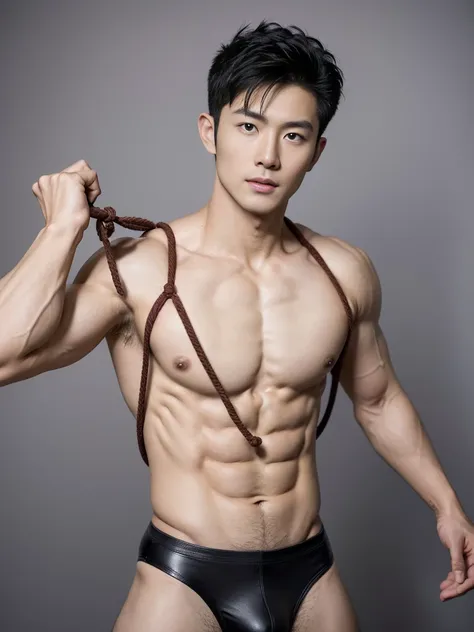 Chinese male actor in a briefs, handsome Chinese guy, handsome man, Full Body Shoot, photoshoot, portrait, look at camera, detailed facial parts, Manly, Charmer, Active Boy, standing, top tied up with rope, rope bondage, strangled with rope, harness, wrapp...