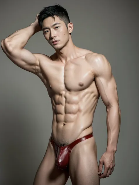 Chinese male actor in a briefs, handsome Chinese guy, handsome man, Full Body Shoot, photoshoot, portrait, look at camera, detailed facial parts, Manly, Charmer, Active Boy, standing, top tied up with rope, rope bondage, strangled with rope, harness, wrapp...