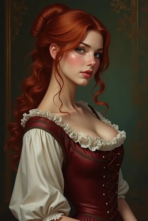 
Description: period romance Woman with dark red hair, period clothes and light hair fat
