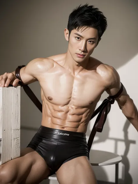 Chinese male actor in a briefs, handsome Chinese guy, handsome man, Full Body Shoot, photoshoot, portrait, look at camera, detailed facial parts, Manly, Charmer, Active Boy, standing, top tied up with rope, rope bondage, strangled with rope, harness, wrapp...