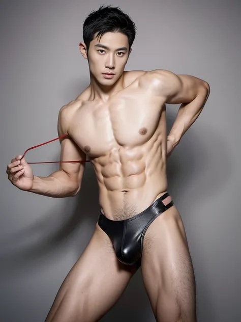 Chinese male actor in a briefs, handsome Chinese guy, handsome man, Full Body Shoot, photoshoot, portrait, look at camera, detailed facial parts, Manly, Charmer, Active Boy, standing, top tied up with rope, rope bondage, strangled with rope, harness, wrapp...