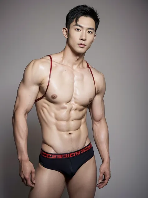 Chinese male actor in a briefs, handsome Chinese guy, handsome man, Full Body Shoot, photoshoot, portrait, look at camera, detailed facial parts, Manly, Charmer, Active Boy, standing, top tied up with rope, rope bondage, strangled with rope, harness, wrapp...