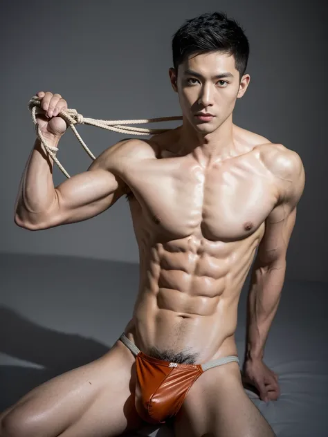 Chinese male actor in a briefs, handsome Chinese guy, handsome man, Full Body Shoot, photoshoot, portrait, look at camera, detailed facial parts, Manly, Charmer, Active Boy, standing, top tied up with rope, rope bondage, strangled with rope, harness, wrapp...