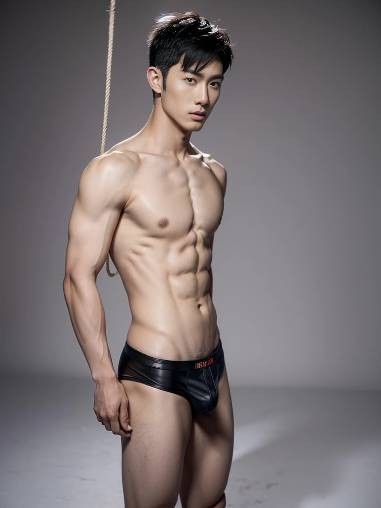 Chinese male actor in a briefs, handsome Chinese guy, handsome man, Full Body Shoot, photoshoot, portrait, look at camera, detailed facial parts, Manly, Charmer, Active Boy, standing, top tied up with rope, rope bondage, strangled with rope, harness, wrapp...