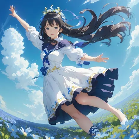 anime girl in a blue dress flying through the air, official artwork, girl dancing in a flower field, official anime artwork, anime visual of a cute girl, official art, hestia, anime moe artstyle, high detailed official artwork, beautiful anime, beautiful a...