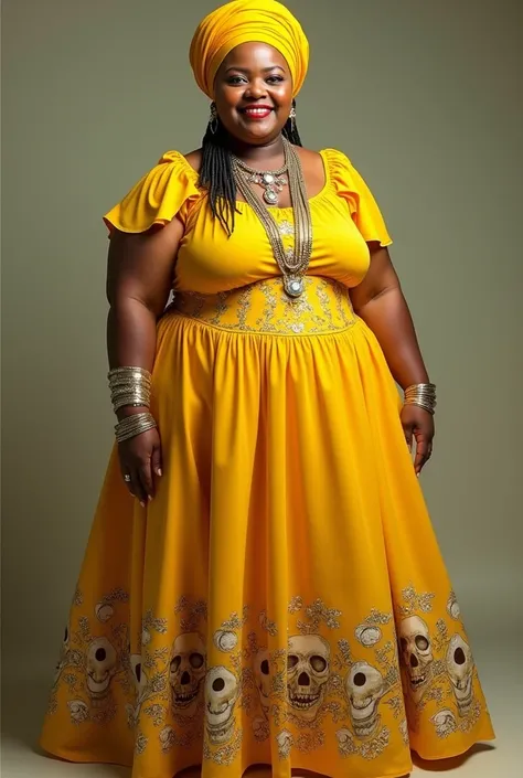 chubby woman, between 39-43 years of age, with Cuban descent, light mixed skin, who wears a yellow turban and a yellow dress, that has skulls and seashells on its feet. 