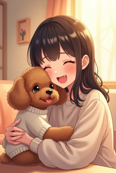 20-year-old woman(Hair below shoulders、Straight inward curl、Bangs are 8:2. Flush and separate、The expression is a smile with eyes open)and a brown toy poodle(The color is brown、 and ears、Eyes are black、Wearing white knitted clothes、)
Draw with anime illust...