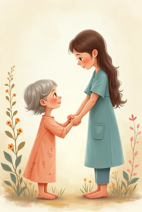 A cute illustration of a patient and a caregiver holding hands