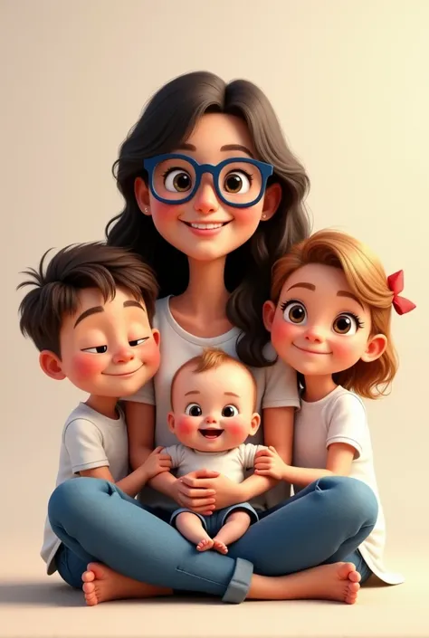 Create a Pixar animation style family portrait.
A mother with three children. A one year old baby boy. An 8 year old boy and a 6 year old girl.
The mother is sitting on the floor with her legs crossed and holding the baby in her arms..
On the left is the b...