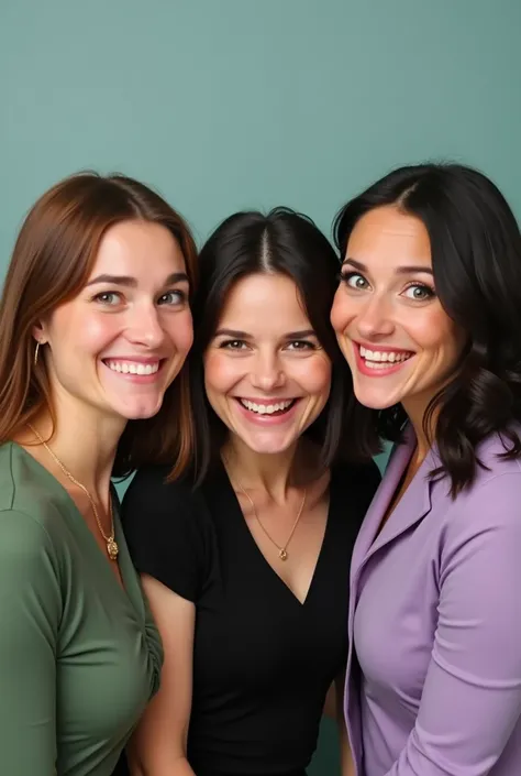 A brown-haired adult daughter, olhos marrons e Caucasian skin com uma roupa verde, smiling and making a funny pose. A mother in the middle of black hair, Caucasian skin, olhos castanhos e roupa preta smiling and making a funny pose. another adult daughter ...