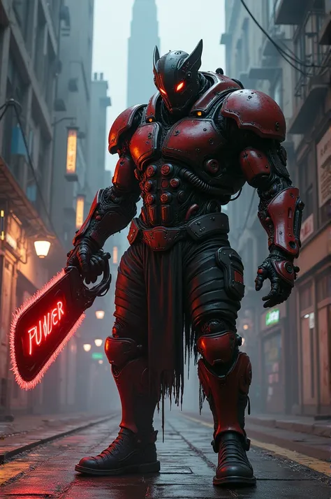 Dark_fantasy,cyberpunk,(chain saw,chain saw man,Red:1.1),1man,Mechanical marvel,Robotic presence,Cybernetic guardian,