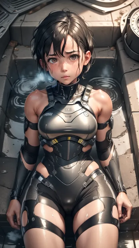 Highest quality　8k Cyborg Suit Girl　Elementary school girl　Sweaty face　cute　Boyish short hair　Very short hair　Steam coming out of my head　My hair is wet with sweat　Black Hair　Broken and unable to move　　Lying down　Soaked Face　My crotch is wet