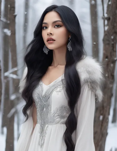 girl with long black hair, purple eyes, light brown skin, wearing a white dress and standing in a snowy forest with wolves and a owl