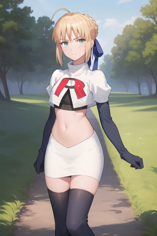 best quality, masterpiece, phSaber, phAltoria, 1girl, solo, blue ribbon, looking at viewer, french braid, hair bun, short hair, outdoors, team rocket,team rocket uniform,white skirt,red letter R,crop top,black thigh-highs,black elbow gloves