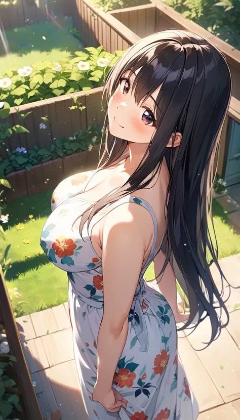 Girl,cute,cute,From above,Chest to head,Look up here,smile,Embarrassed,Straight Hair,Long Hair,Black Hair,morning,sunny,big breast photos,Light shines in,Waking up,Floral print dress,Are standing,garden,Put your hands behind your back,look back