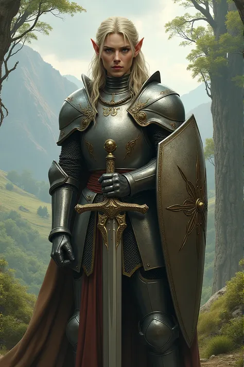 Create elven knight , in full medieval costume armor with shield and long sword 