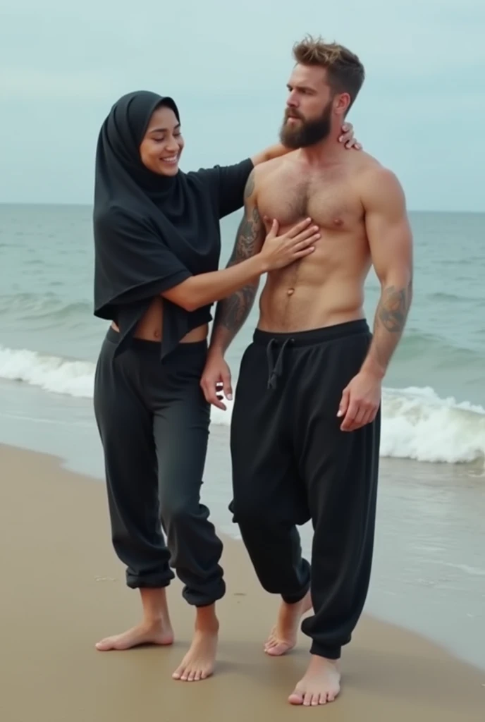 with black headscarf,black sweatpants, barefoot woman, men touching their breasts on the beach