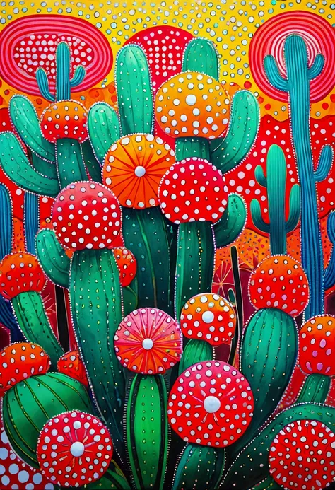 Yayoi Kusama style，An abstract painting，Coronavirus Plant，Pop Art，Dense dots author：Annabel Kidston, Saturated pointillism, cactus, inspired by Yayoi Kusama, inspired by Yayoi Kusama, inspired by：Annabel Kidston, By Pasitha Abad