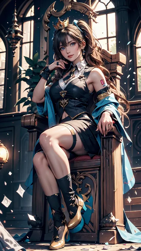 One girl, hatsune miku, Princess Costumes, Crown, Money, ((Throne)), Inside the castle, middle ages, Wearing a blue vest, Put one foot on the ground, The calf of the other leg is facing outward, hold the microphone with one hand, Put your other hand over y...