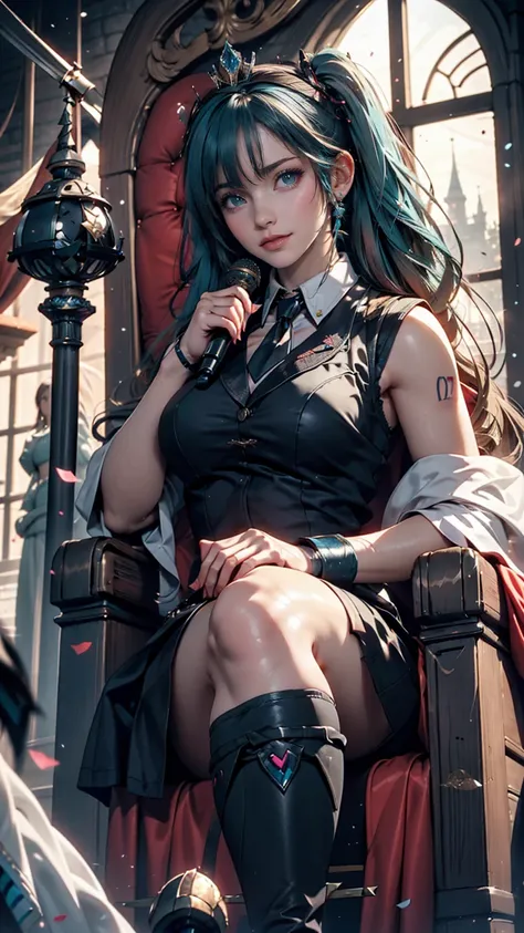 One girl, hatsune miku, Princess Costumes, Crown, Money, ((Throne)), Inside the castle, middle ages, Wearing a blue vest, Put one foot on the ground, The calf of the other leg is facing outward, hold the microphone with one hand, Put your other hand over y...